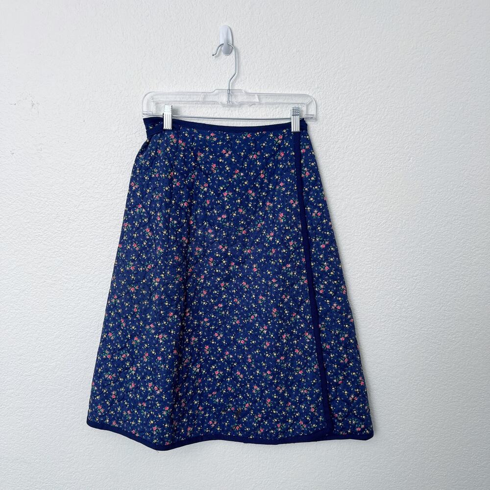 [Vintage] 70s Meadowbank Blue Floral Print Quilted Wrap Skirt A-Line Sz Small S